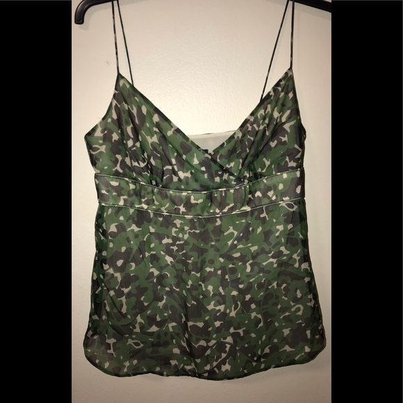 JCrew Green & Brown Camouflage Spaghetti Strap Silk Tank Top. Sz 6. - Picture 2 of 10